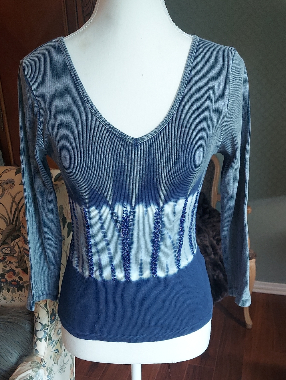 Tie-Dye Ribbed V-Neck Long Sleeve Top - Navy